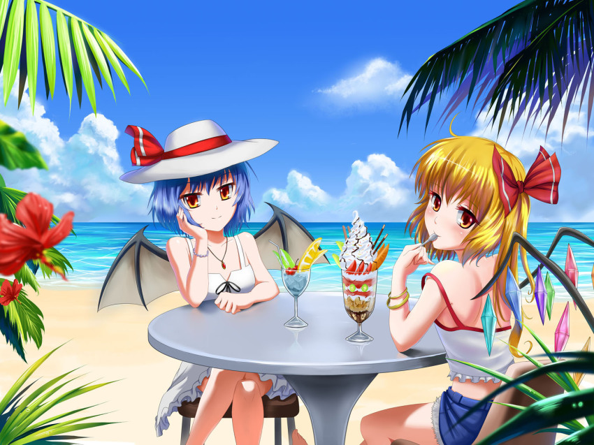 2girls bat_wings beach blonde_hair blue_hair bracelet chair chocolate cloud day eating female_focus flandre_scarlet flower food hat horizon ice_cream jewelry crossed_legs looking_at_viewer looking_back multiple_girls necklace orange_eyes outdoors palm_tree parfait pocky remilia_scarlet short_hair shorts siblings sisters sitting sky spoon strap_slip table tank_top touhou tree windtalker wings