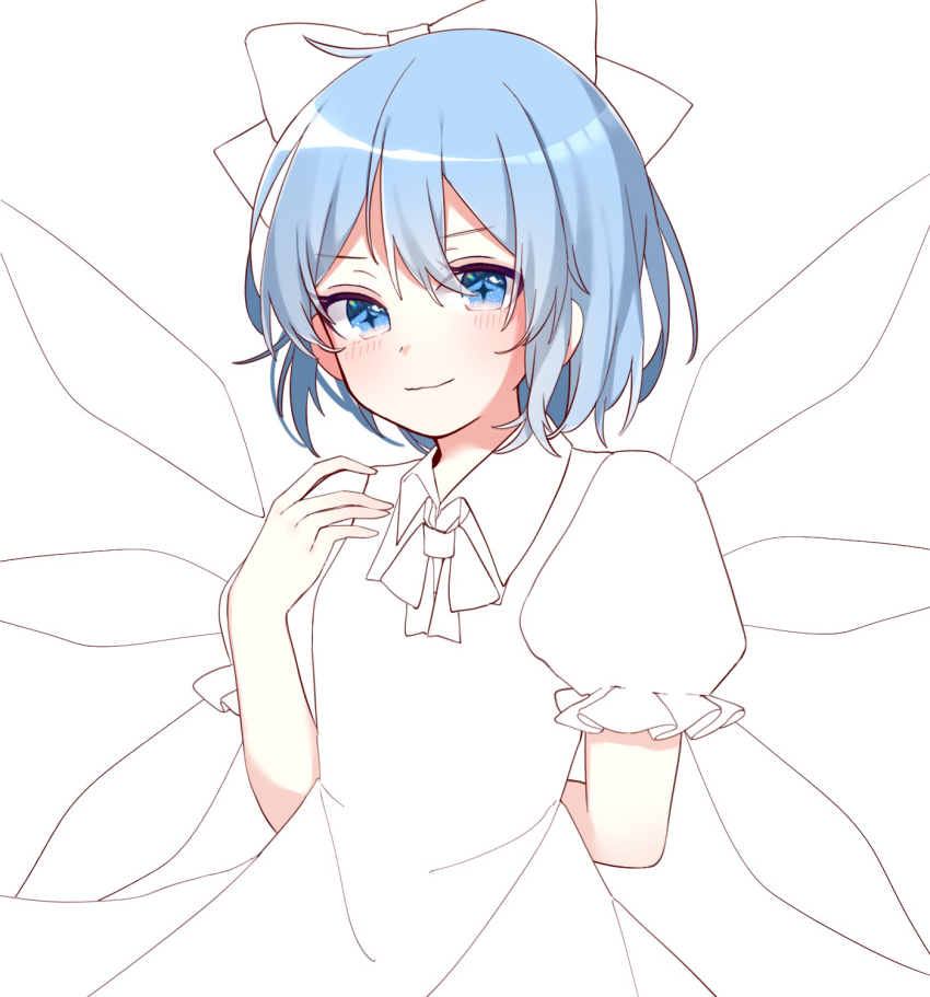 1girl arm_behind_back blue_eyes blue_hair blush bow cirno closed_mouth collared_shirt commentary_request detached_wings dress frilled_sleeves frills hair_bow hand_up highres lineart looking_at_viewer neck_ribbon partially_colored pinafore_dress puffy_short_sleeves puffy_sleeves ribbon shirt short_hair short_sleeves simple_background sleeveless sleeveless_dress smile solo sparkling_eyes star-shaped_pupils star_(symbol) symbol-shaped_pupils touhou unfinished upper_body white_background wings yurui_tuhu