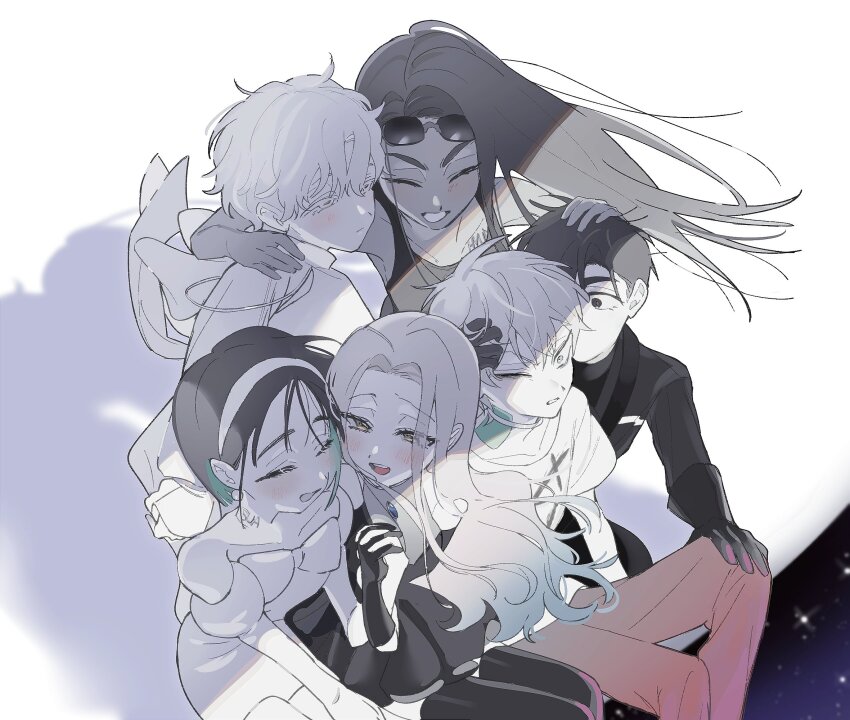 3boys 3girls 4okan23 alien_stage arms_around_neck chest_tattoo closed_eyes commentary eyewear_on_head hairband hand_on_another&#039;s_head highres holding_hands hyuna_(alien_stage) ivan_(alien_stage) long_hair luka_(alien_stage) mizi_(alien_stage) multiple_boys multiple_girls neck_tattoo one_eye_closed open_mouth pants partially_colored red_pants short_hair smile sua_(alien_stage) sunglasses tattoo till_(alien_stage) very_short_hair