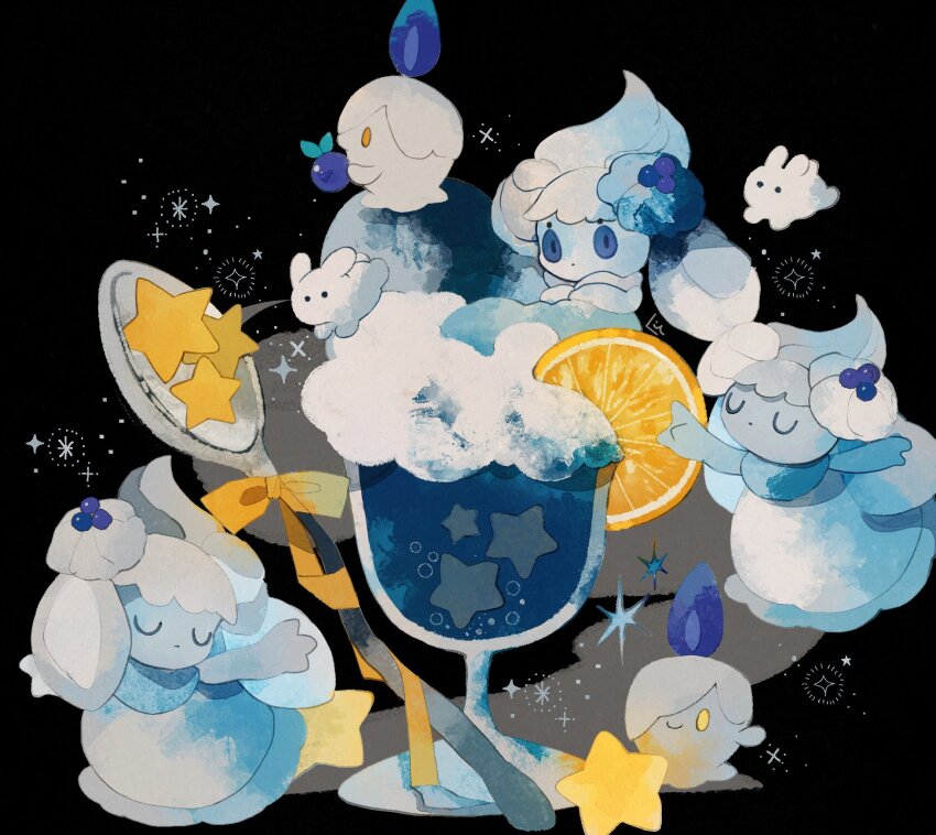alcremie alcremie_(berry_sweet) alcremie_(salted_cream) black_background blue_eyes closed_eyes commentary english_commentary food fruit gen_5_pokemon gen_8_pokemon glass highres lemon lemon_slice li04r litwick looking_at_viewer nintendo pokemon pokemon_(creature) rabbit simple_background smile sparkle spoon star_(symbol) whipped_cream yellow_eyes