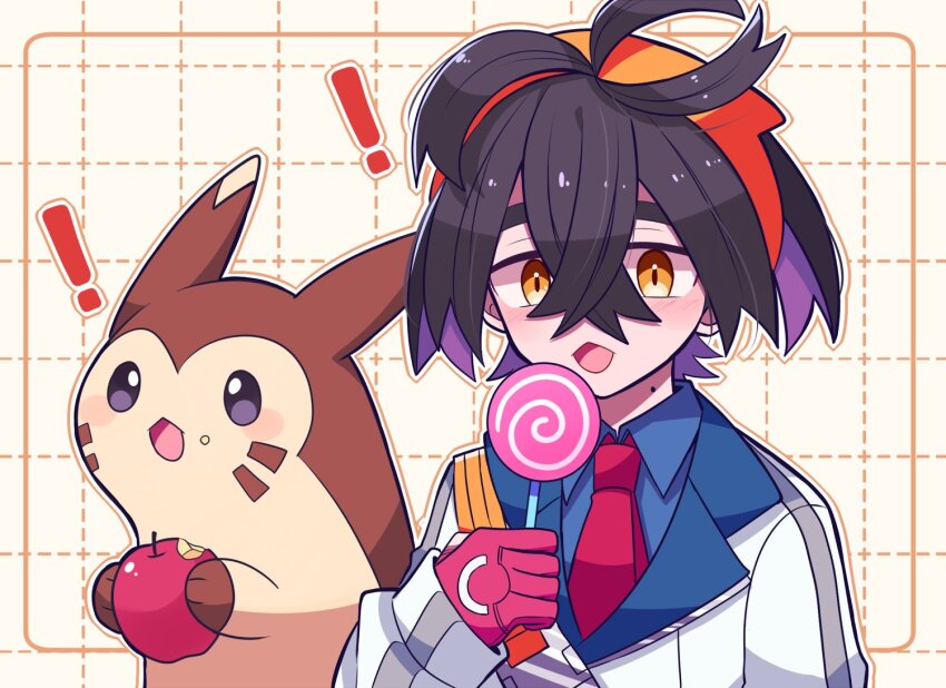 ! 1boy apple black_hair blue_shirt blush candy collared_shirt commentary_request crossed_bangs food food_on_face fruit furret gen_2_pokemon gloves hair_between_eyes hairband holding holding_candy holding_food holding_fruit holding_lollipop jacket kieran_(pokemon) lollipop male_focus mole mole_on_neck motiumai multicolored_hair nintendo open_mouth orange_eyes orange_hairband partially_fingerless_gloves pokemon pokemon_(creature) pokemon_sv purple_hair red_gloves shirt simple_background swirl_lollipop upper_body white_jacket