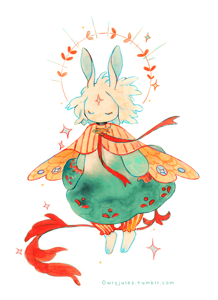 1girl animal_ears artist_name barefoot cloak closed_eyes commentary dress english_commentary full_body highres long_sleeves original owlyjules rabbit_ears ribbon short_hair signature simple_background sparkle standing tail tumblr_username white_background