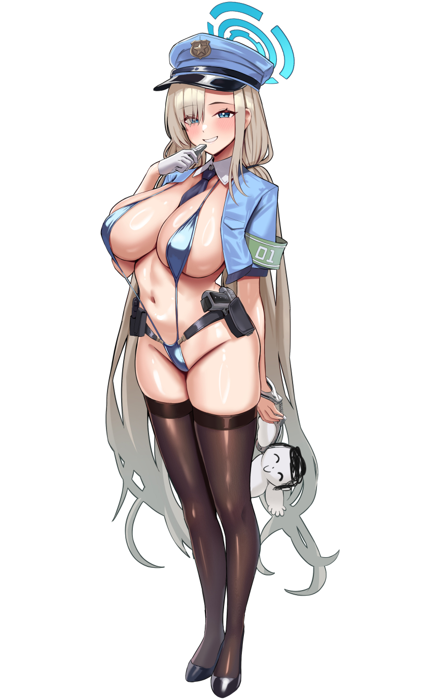 1girl absurdres armband asuna_(blue_archive) black_footwear black_thighhighs blue_archive blue_eyes blue_halo blue_hat blue_jacket blue_necktie blue_one-piece_swimsuit blue_slingshot_swimsuit blush breasts commentary cuffs detached_collar doodle_sensei_(blue_archive) eyes_visible_through_hair full_body gloves grey_hair gun halo hand_up handcuffs hat highres jacket large_breasts long_hair looking_at_viewer navel necktie one-piece_swimsuit onedoo parted_lips police police_hat police_uniform sensei_(blue_archive) short_sleeves sideboob simple_background single_glove slingshot_swimsuit smile standing swimsuit symbol-only_commentary thighhighs very_long_hair weapon white_background white_gloves