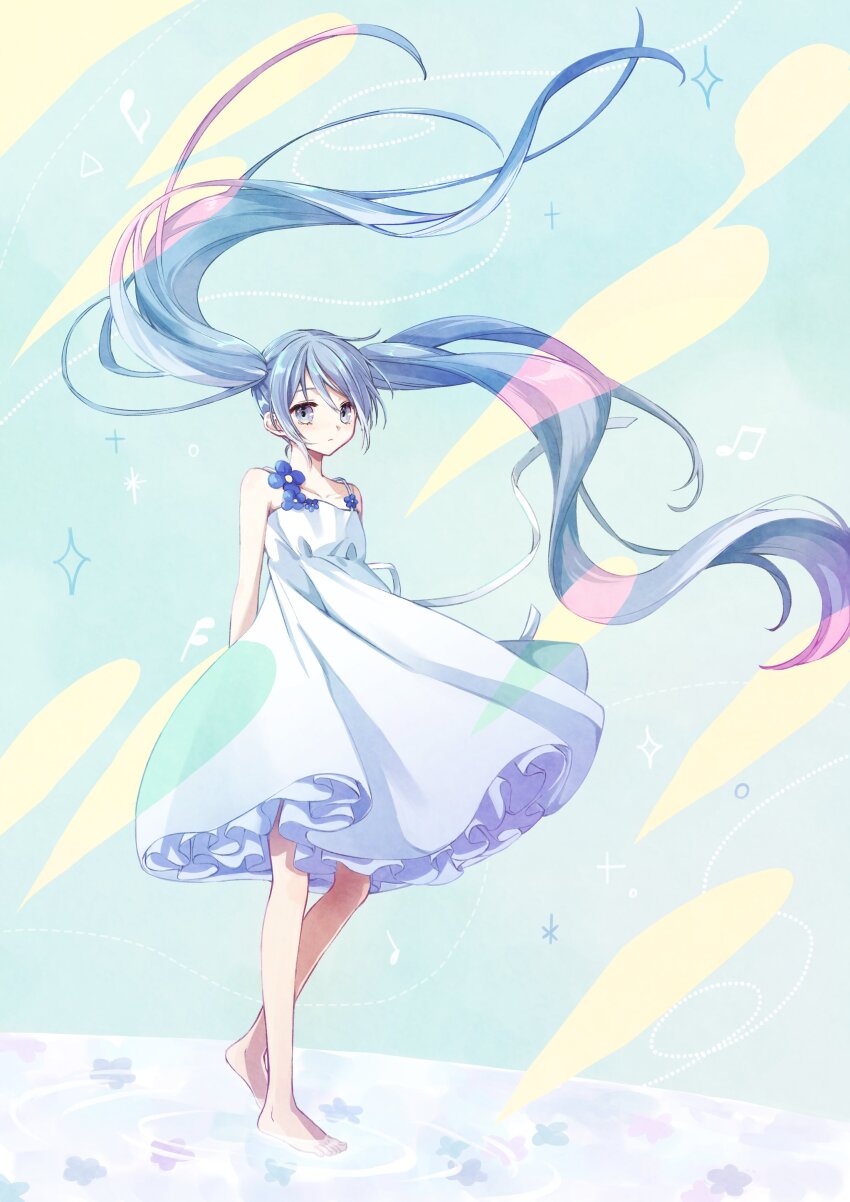1girl absurdres barefoot blue_eyes blue_hair dress full_body hatsune_miku highres long_hair nagitofuu pizzicato_drops_(vocaloid) sleeveless sleeveless_dress solo twintails very_long_hair vocaloid white_dress