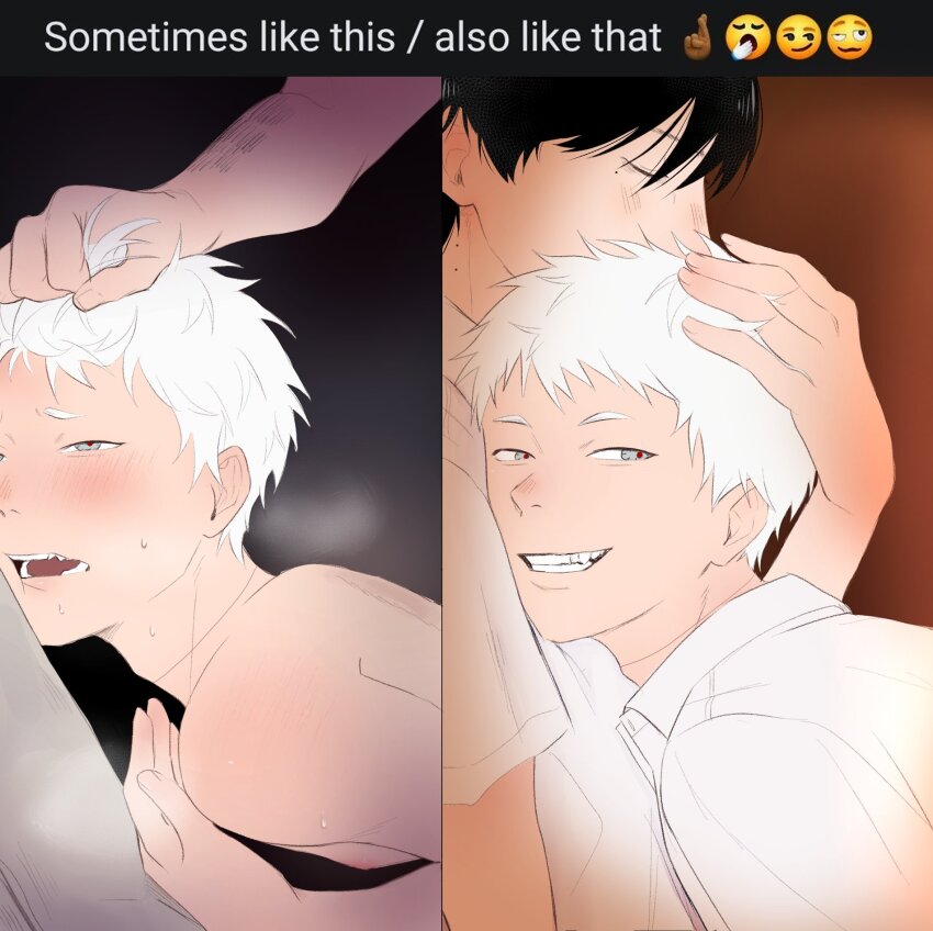 2boys adam&#039;s_apple black_hair blush closed_eyes collared_shirt commentary english_commentary english_text grabbing_another&#039;s_hair highres hikaru_ga_shinda_natsu holding_another&#039;s_hair implied_sex indou_hikaru looking_at_viewer male_focus meme mole mole_under_eye multiple_boys nipples nude red_pupils shirt short_hair smile sometimes_like_this/also_like_that_(meme) spenixthebig teeth tsujinaka_yoshiki white_hair white_shirt yaoi