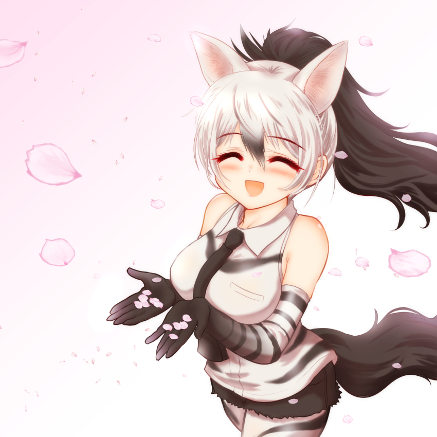 1girl aardwolf_(kemono_friends) absurdres animal_ears animal_print anteater_tail bare_shoulders black_hair blush breasts cherry_blossoms closed_eyes elbow_gloves extra_ears gloves hair_between_eyes hakumaiya highres hyena_girl hyena_tail kemono_friends large_breasts long_hair multicolored_hair necktie open_mouth pantyhose ponytail print_gloves print_pantyhose shirt shorts sleeveless sleeveless_shirt smile tail two-tone_hair white_hair