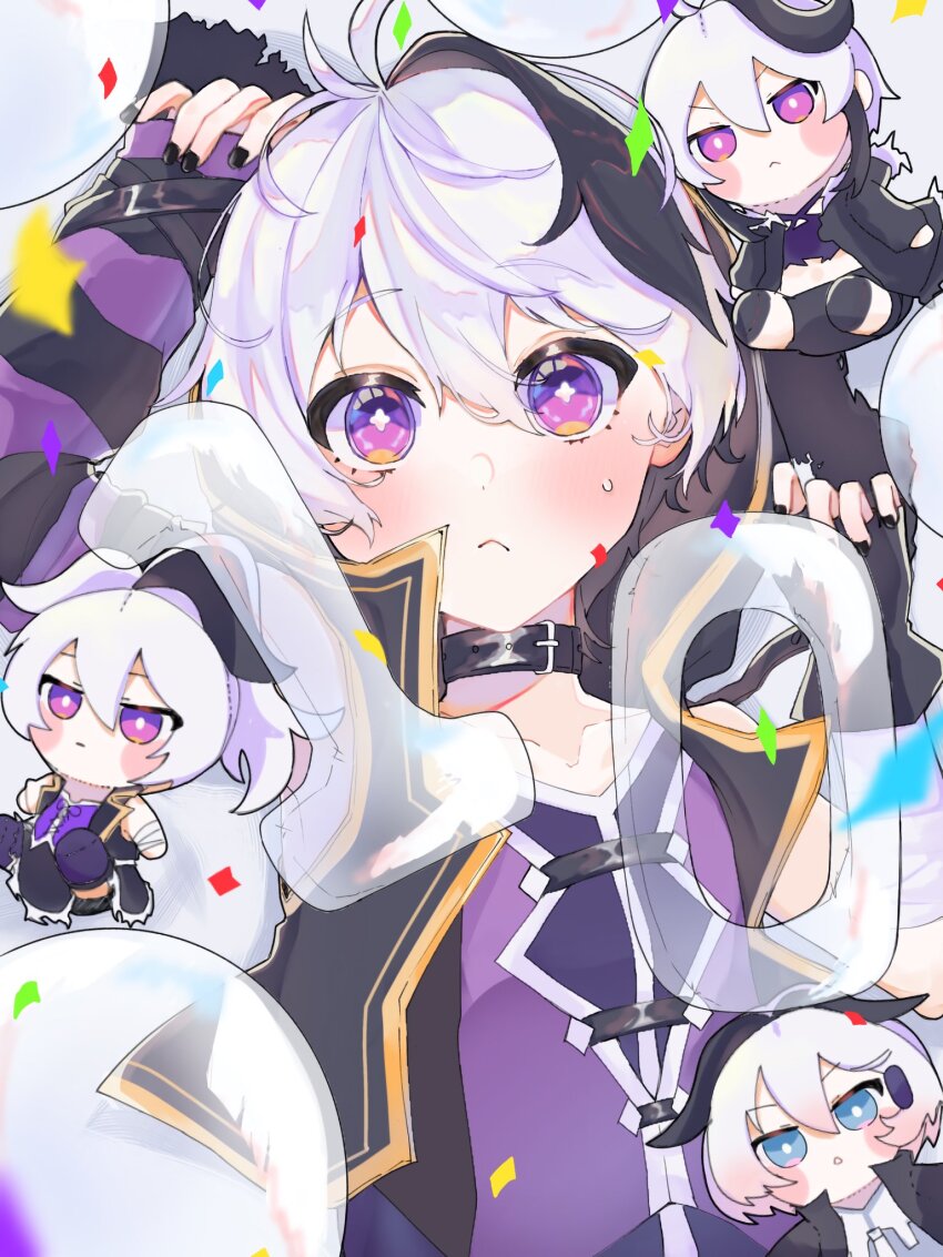 4girls ahoge androgynous arm_warmers balloon bandaged_arm bandages black_hair black_nails blue_eyes blush cevio choker ci_flower flower_(gynoid_talk) flower_(vocaloid) flower_(vocaloid3) flower_(vocaloid4) frown gloves happy_birthday high_ponytail highres hood hood_down hooded_jacket jacket long_hair mini_person minigirl multicolored_hair multiple_girls ponytail purple_eyes purple_undershirt purple_vest short_hair short_hair_with_long_locks shorts single_arm_warmer sweatdrop tomboy two-tone_hair uparupa_04 vest vocaloid white_hair