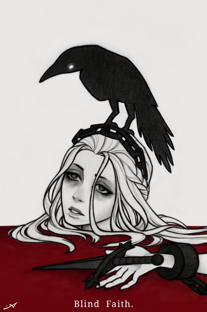 1girl animal animal_on_head bird bird_on_head blood chain commentary crow cuffs death english_commentary greyscale highres knife monochrome mr_andres0n on_head pool_of_blood princess_(slay_the_princess) severed_head shackles signature slay_the_princess solo spot_color the_prisoner_(slay_the_princess)