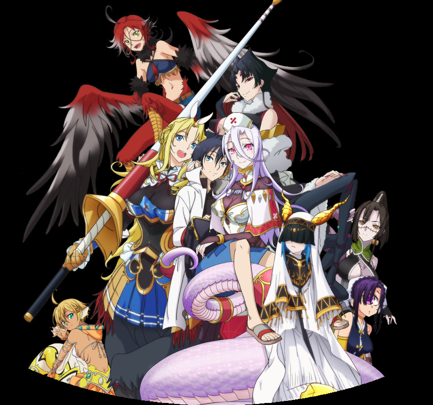 1boy 6+girls ahoge arachne arahnia_taranterra_arachnida arthropod_girl braid breasts centaur cleavage covered_eyes dark_skin fins gills glenn_litbeit hair_between_eyes half-closed_eyes head_fins high_ponytail highres holding_person illy insect_girl kunai_zenow lulala_heine meme_redon monster_girl monster_musume_no_oisha-san multiple_girls official_art ponytail saphentite_neikes skadi_dragenfelt spider_girl taur tisalia_scythia transparent_background winged_arms wings