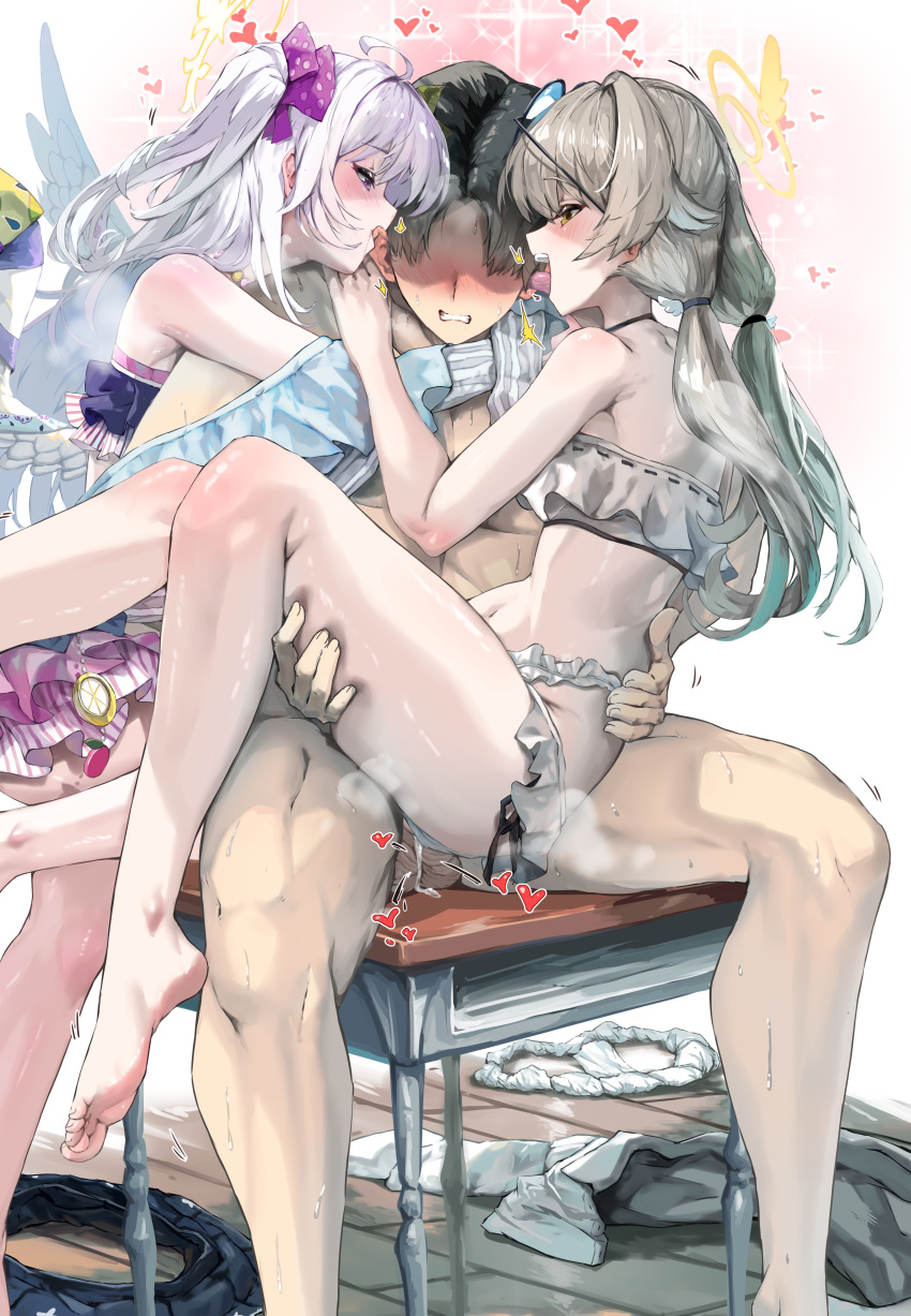 1boy 2girls absurdres assertive_female azusa_(blue_archive) azusa_(swimsuit)_(blue_archive) bikini black_hair black_skirt blue_archive blush bow breasts brown_hair carrying clothed_female_nude_male commentary_request commission desk faceless faceless_male feathered_wings ffm_threesome flower frilled_bikini frills group_sex hair_bow hair_flower hair_ornament halo heart hetero hifumi_(blue_archive) hifumi_(swimsuit)_(blue_archive) highres legs long_hair low_twintails multiple_girls navel nude on_desk panties polka_dot polka_dot_bow princess_carry purple_bikini purple_bow purple_eyes school_desk sensei_(blue_archive) sex shirt short_hair simple_background sitting skirt sunnysideup sweat swimsuit thighs threesome tongue tongue_out twintails uncensored underwear unworn_panties unworn_shirt unworn_skirt variant_set white_background white_bikini white_hair white_panties white_shirt white_wings wings yellow_halo