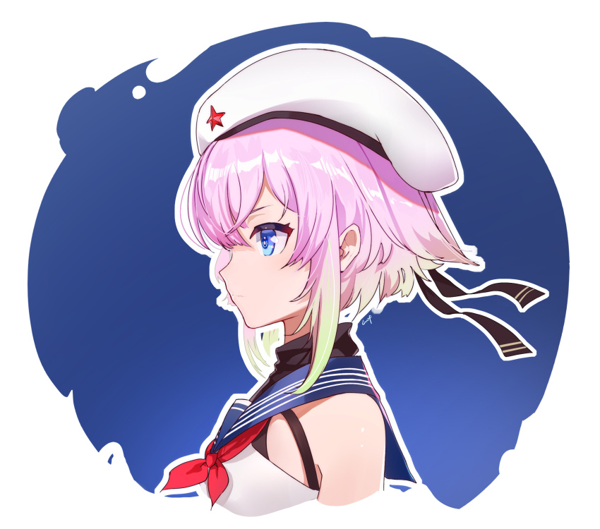 1girl beret blue_eyes collar deer_gu_fu_fu_ball from_side gradient_hair green_hair hat hat_ornament highres jinan_(warship_girls_r) multicolored_hair neckerchief pink_hair profile red_star sailor short_hair solo star_(symbol) star_hat_ornament upper_body warship_girls_r