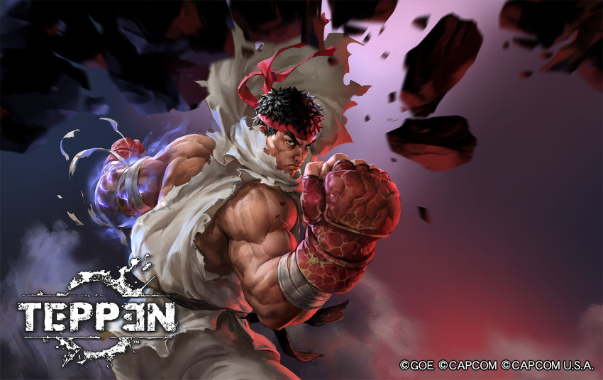 1boy ass aura bandaged_arm bandages bara bare_shoulders commentary dougi energy english_commentary eyebrows_visible_through_headband fighting_stance fingerless_gloves foreshortening forked_eyebrows full_body gloves glowing glowing_fist glowing_hand headband highres incoming_attack incoming_punch jeremy_chong looking_at_viewer male_focus mature_male mma_gloves muscular muscular_male official_art pants punching rock ryu_(street_fighter) shirt short_hair solo street_fighter teppen thick_eyebrows torn_clothes torn_shirt veins white_pants wind