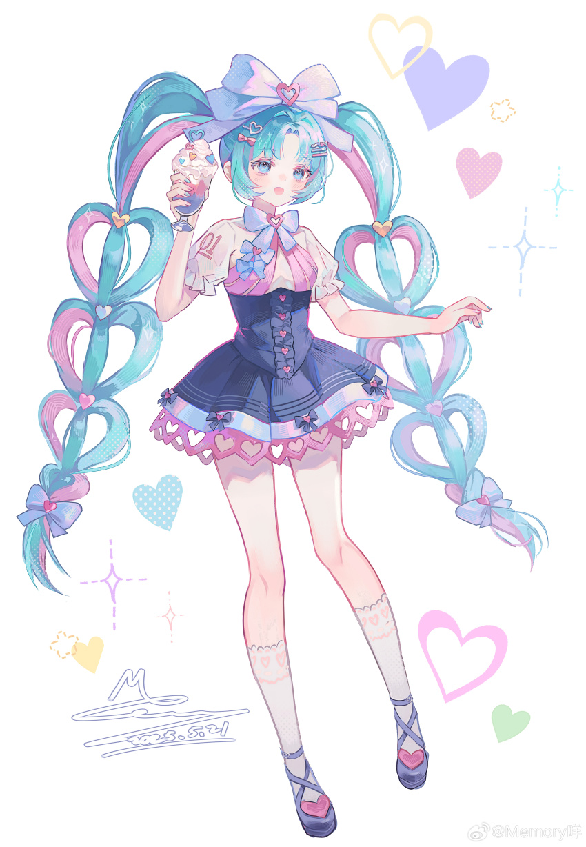 1girl absurdres ankle_socks aqua_eyes aqua_hair bare_arms black_skirt blue_nails bow bowtie brooch chinese_commentary clothing_cutout commentary_request cross-laced_shoes dated eyelashes food frilled_sleeves frills full_body hair_bow hair_ornament hairclip happy hatsune_miku heart heart-shaped_hair heart_brooch heart_cutout heart_hair_ornament heart_print high-waist_skirt highres holding holding_food jewelry knees lace lace-trimmed_skirt lace-trimmed_socks lace_trim large_bow light_blush long_hair looking_at_viewer memory_mie miniskirt multi-tied_hair multicolored_hair multiple_hair_bows nail_polish number_print open_mouth parallel_hairclips parfait parted_bangs pink_bow pink_hair pleated_skirt puffy_short_sleeves puffy_sleeves purple_bow purple_bowtie purple_shoes shirt shoes short_sleeves signature simple_background skirt smile socks solo sparkle standing streaked_hair twintails two-tone_hair very_long_hair vocaloid watermark weibo_watermark white_background white_bow white_shirt white_socks