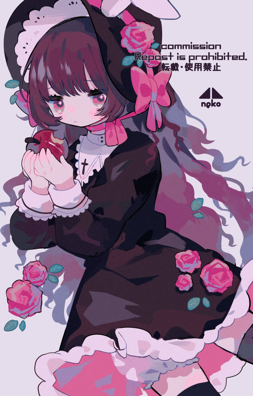 1girl :&lt; animal_ears apple bitten_apple black_bonnet black_dress black_thighhighs bloomers blush_stickers bonnet brown_hair closed_mouth collared_dress commentary_request commission cotono_(nazekun) cowboy_shot dress film_grain flower food food_bite frown fruit highres holding holding_food holding_fruit long_hair long_sleeves original rabbit_ears red_eyes red_flower red_rose rose skeb_commission solo thighhighs underwear watermark white_bloomers