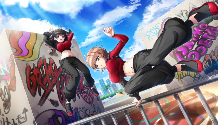 2girls :o asymmetrical_sleeves baggy_pants black_eyes black_hair black_pants black_shoes breasts brown_hair cityscape crop_top day dolphin_wave earrings feather_earrings feathers game_cg graffiti halfpipe hanihara_haru highres jewelry kamie_tsugumi large_breasts medium_hair midair midriff mismatched_sleeves multicolored_hair multiple_girls navel non-web_source official_art ootomo_takuji open_mouth palm_tree pants purple_streaks railing red_eyes red_nails red_shirt shirt shoes single_earring skate_park smile streaked_hair sunlight sweatpants tree two_side_up