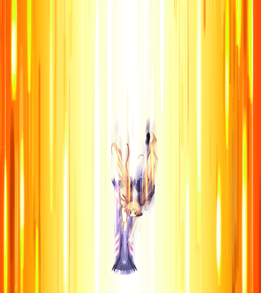 1girl black_bow black_ribbon black_shoes blonde_hair bow chaos;head chaos;head_love_chu_chu! collared_shirt d-sword falling floating_hair game_cg glowing glowing_sword glowing_weapon hair_bow hair_ribbon highres holding holding_sword holding_weapon huge_weapon incoming_attack loafers long_hair matsuo_yukihiro miniskirt motion_blur motion_lines multiple_hair_bows official_art open_mouth orange_theme orihara_kozue plaid_clothes plaid_skirt plaid_sleeves plaid_trim purple_skirt purple_sleeves ribbon school_uniform shirt shoes short_sleeves skirt solo suimei_school_uniform suimei_summer_uniform sword thighhighs tongue twintails v-shaped_eyebrows weapon white_petticoat white_shirt white_thighhighs yellow_eyes