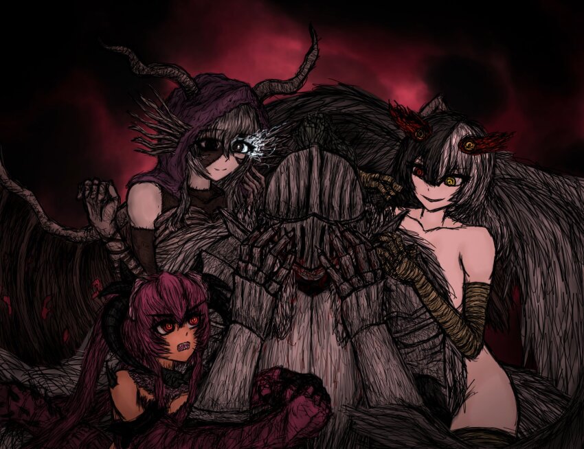 1boy 3girls armor bandersnatch_(black_souls) black_souls black_souls_2 blood blood_drip claws covering_face fangs feathers full_armor grimm_(black_souls) hand_on_another&#039;s_head hand_on_another&#039;s_hip hand_on_another&#039;s_shoulder hands_on_own_face helmet highres horns jabberwock_(black_souls) jubjub_(black_souls) multiple_girls rin_rinx0 spoilers