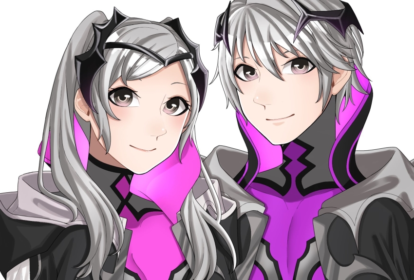 1boy 1girl ao_saryaruhu bodysuit bodysuit_under_clothes breasts brown_eyes coat collared_bodysuit dual_persona eyelashes fire_emblem fire_emblem_awakening fire_emblem_heroes glowing_bodysuit hair_between_eyes happy height_difference highres hood hooded_coat long_hair long_sleeves looking_at_viewer medium_breasts nintendo official_alternate_costume open_clothes open_coat female_robin_(fire_emblem) robin_(female)_(resplendent)_(fire_emblem) robin_(fire_emblem) male_robin_(fire_emblem) robin_(male)_(resplendent)_(fire_emblem) short_hair sidelocks smile swept_bangs tiara turtleneck turtleneck_bodysuit twintails upper_body white_background white_hair
