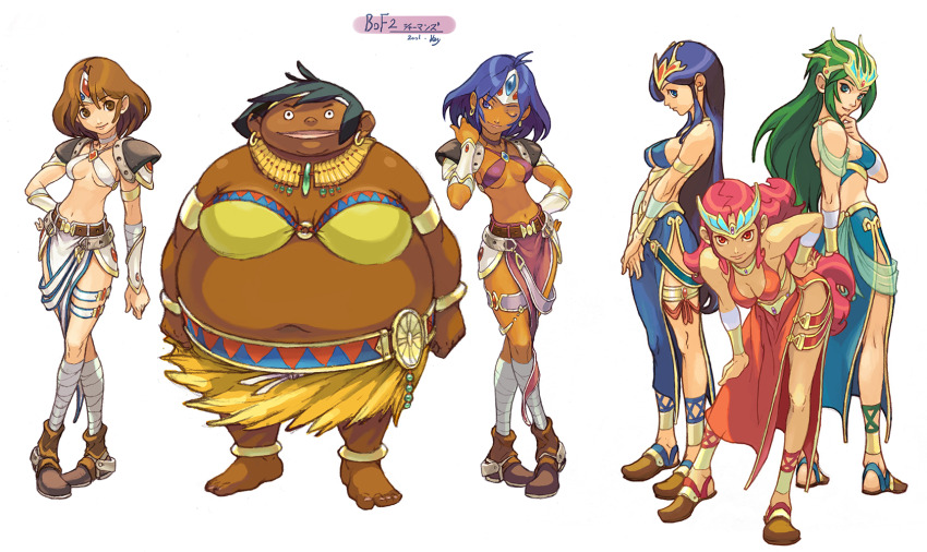 1990s_(style) 5girls acronym anklet aqua_eyes armlet armor bandages barefoot belt bent_over black_eyes black_hair blue_eyes blue_hair boots breasts breath_of_fire breath_of_fire_ii brooch brown_eyes brown_hair choker circlet cleavage constricted_pupils crop_top crossed_legs crown dark-skinned_female dark_skin dress earrings fantasy fat fat_woman green_hair hand_on_own_hip hat highres jewelry leaning_forward legs long_hair looking_back medium_breasts midriff multiple_girls navel necklace no_bra non-web_source official_art one_eye_closed photoshop_(medium) red_eyes red_hair retro_artstyle sana_(breath_of_fire) see-through_clothes seny seso shaman shin_(breath_of_fire) shoes short_hair side_slit sideboob simple_background sitting skirt smile solo_(breath_of_fire) spoo_(breath_of_fire) standing thigh_strap thighs underboob very_long_hair watson_cross white_background yoshikawa_tatsuya