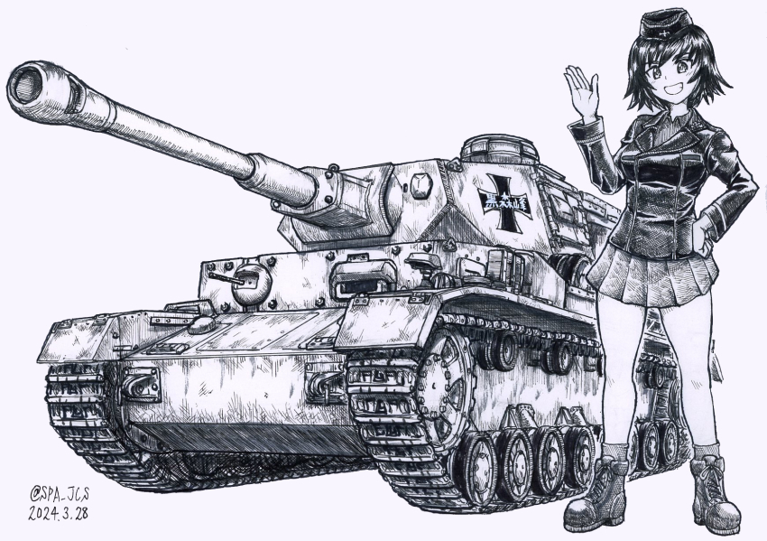 1girl ankle_boots ballpoint_pen_(medium) boots dated full_body girls_und_panzer greyscale hand_on_own_hip hand_up hat hida_ema highres jacket kuromorimine_military_uniform military_hat military_jacket military_vehicle monochrome motor_vehicle nspa_(spa-jcs) panzer_iv pen_(medium) signature sketch smile standing tank traditional_media twitter_username vehicle_focus