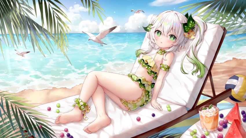 1girl barefoot genshin_impact green_eyes grey_hair highres nahida_(genshin_impact) outdoors short_hair side_ponytail solo swimsuit symbol-shaped_pupils yutian_alice