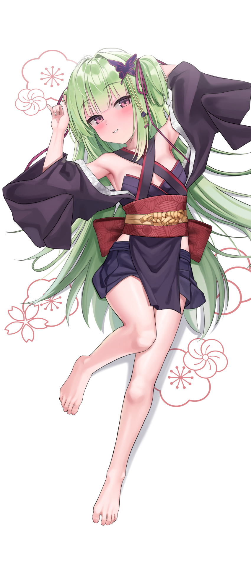 1girl absurdres barefoot blush feet green_hair highres japanese_clothes kensiejan long_hair looking_at_viewer lying murasame_(senren) on_back parted_lips pink_eyes senren_banka toes twintails