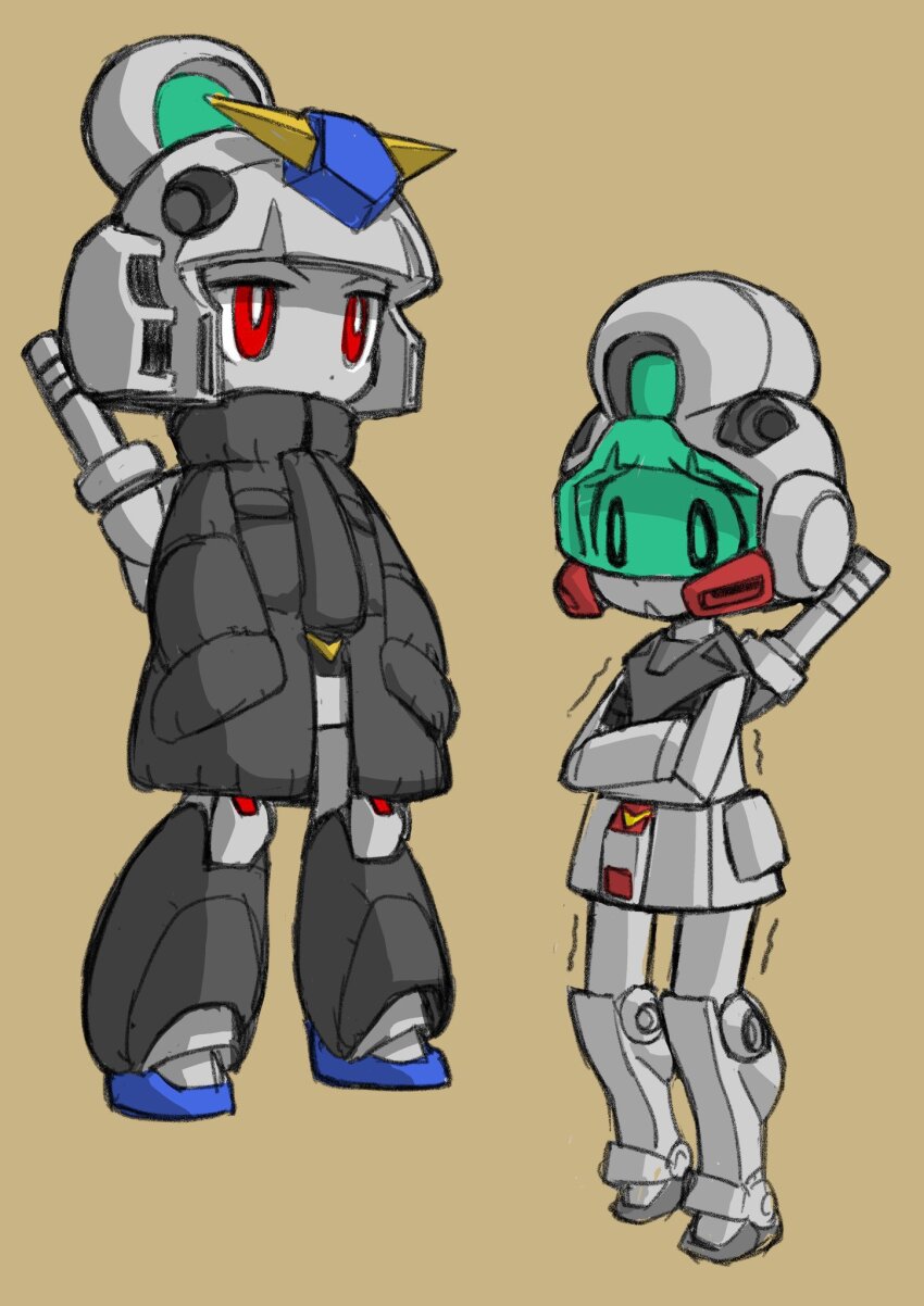 2girls armor armored_boots assault_visor black_jacket boots bright_pupils brown_background cold commentary_request crossed_arms full_body furrowed_brow gm_cold_districts_type gundam gundam_0080 gundam_alex hands_in_pockets helmet highres humanization izuna_yoshitsune jacket mecha_musume multiple_girls padded_jacket parted_lips red_eyes simple_background standing trembling v-fin v-shaped_eyebrows white_pupils