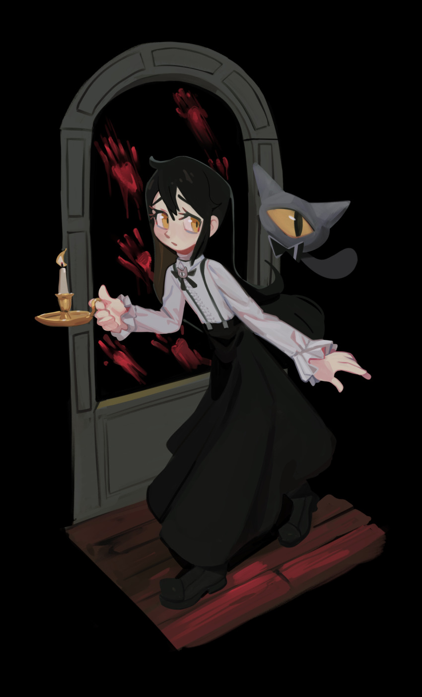 ahoge black_bow black_bowtie black_hair black_shoes bloody_handprints bow bowtie breasts candle candlestand commentary cuffs darkness flat_chest fridge_(fridgedraws) grimmi_(vtuber) hair_between_eyes handprint highres holding_candlestand indie_virtual_youtuber long_hair long_sleeves nervous no_lineart pale_skin shirt shoes sidelocks skelter_(grimmivt) small_breasts very_long_hair virtual_youtuber walking white_shirt window wooden_floor yellow_eyes