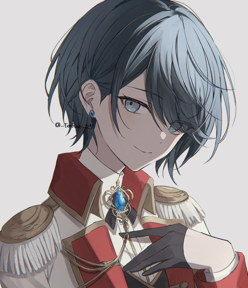 1girl black_gloves black_ribbon black_vest blue_eyes blue_gemstone brooch coat epaulettes gem gloves grey_background hair_behind_ear half_gloves hand_on_own_chest high_collar highres hoshino_ichika_(project_sekai) jewelry lapels long_sleeves looking_at_viewer neck_ribbon official_alternate_costume official_alternate_hair_length official_alternate_hairstyle open_clothes open_coat portrait project_sekai relax_teatime_(project_sekai) ribbon seina1211 shirt short_hair simple_background smile solo swept_bangs third-party_source twitter_username vest white_coat white_shirt