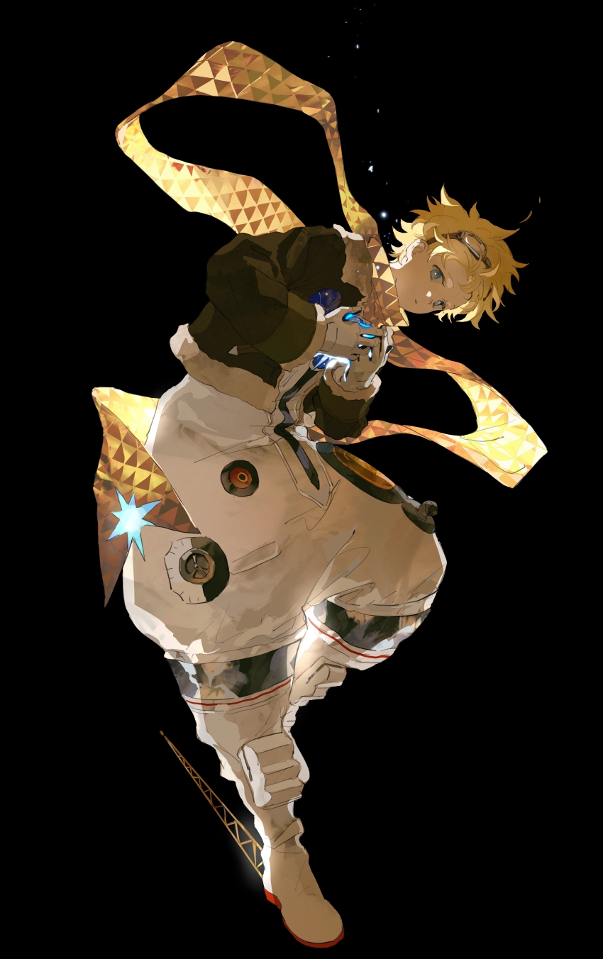 1boy absurdres baggy_clothes black_background blonde_hair blue_eyes bomber_jacket brown_jacket dark_background fate/grand_order fate/requiem fate_(series) fur-trimmed_jacket fur_trim gloves goggles goggles_on_head highres jacket logo male_focus mimulishizi nasa_logo scarf simple_background solo spacesuit voyager_(fate) voyager_(third_ascension)_(fate) voyager_golden_record white_gloves yellow_scarf