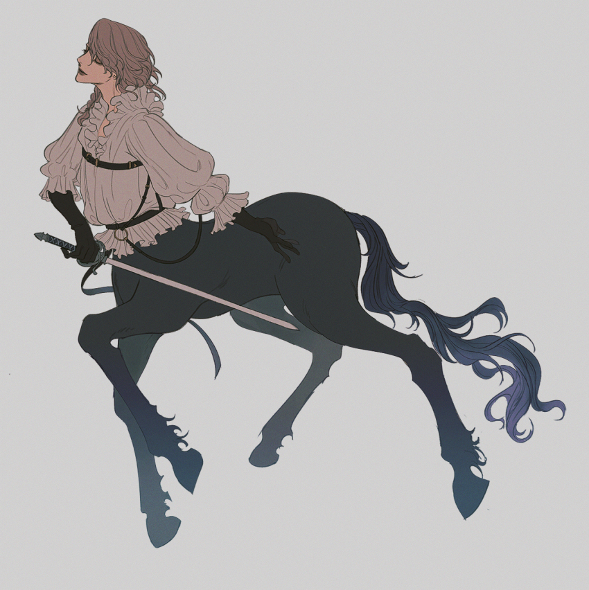 1girl blouse brown_hair centaur copyright_request full_body gloves highres holding holding_sword holding_weapon long_hair shirt simple_background solo sword taur viol_vrt weapon