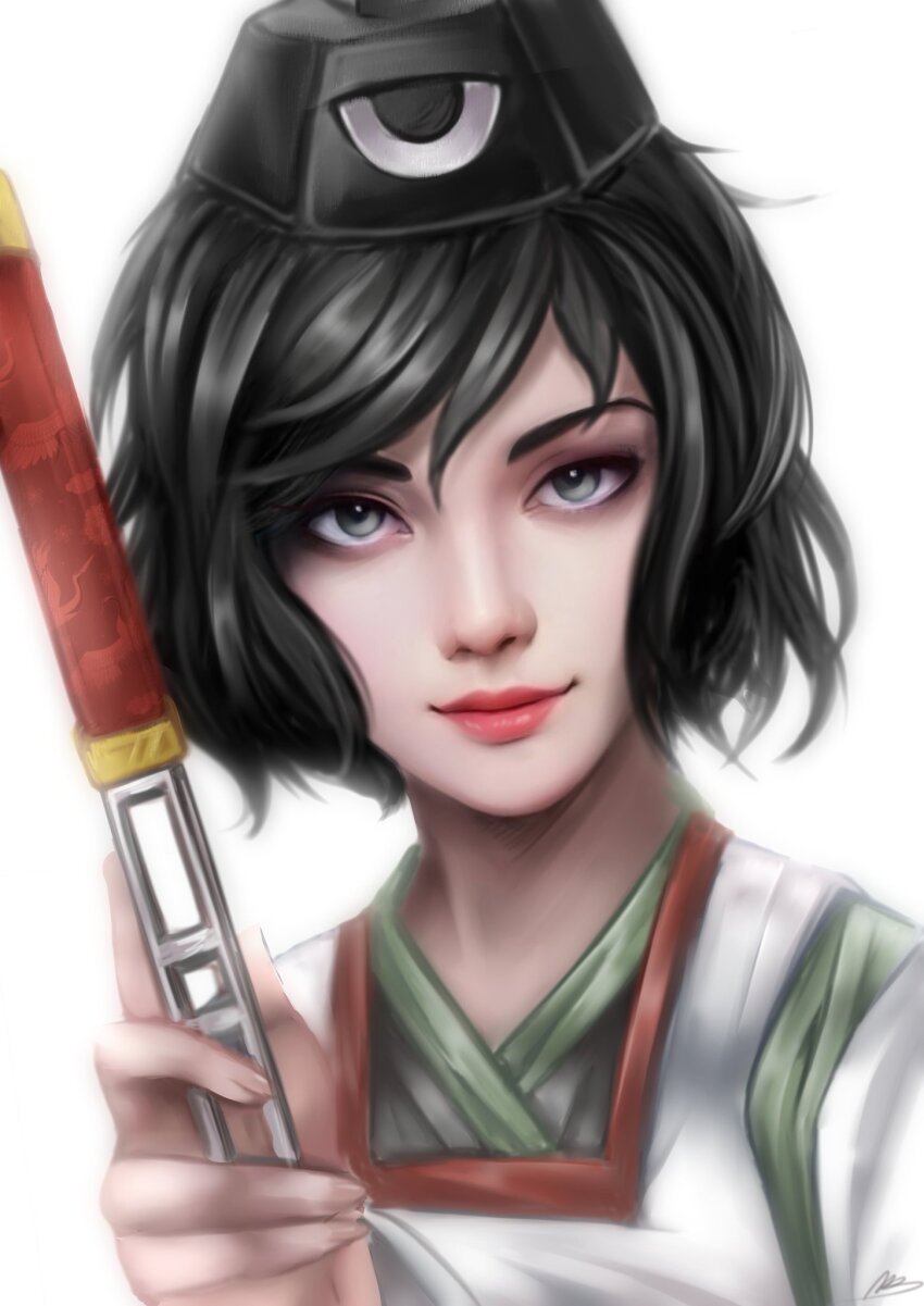 1other androgynous bad_id bad_twitter_id black_hair black_hat black_kimono closed_mouth commentary_request detached_sleeves eye_of_senri fingernails grey_eyes hat highres holding holding_rod japanese_clothes jinbei_(clothes) kariginu kimono layered_sleeves len&#039;en looking_at_viewer luo_qiangwei other_focus parted_lips realistic red_lips rod senri_tsurubami short_hair signature simple_background smile solo tate_eboshi thick_eyebrows upper_body white_background