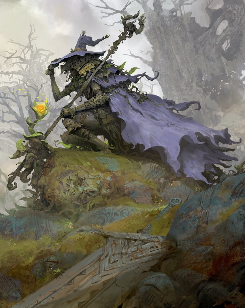 1boy armor bare_tree blue_cloak boots brown_boots cloak extra_eyes fantasy flower glowing green_flower hand_on_headwear hat helmet highres holding holding_staff huge_weapon kekai_kotaki knee_pads leaf living_clothes male_focus monster_boy moss original outdoors painterly plant rust solo staff stitches sword torn torn_clothes tree twig vines weapon witch_hat wooden_staff