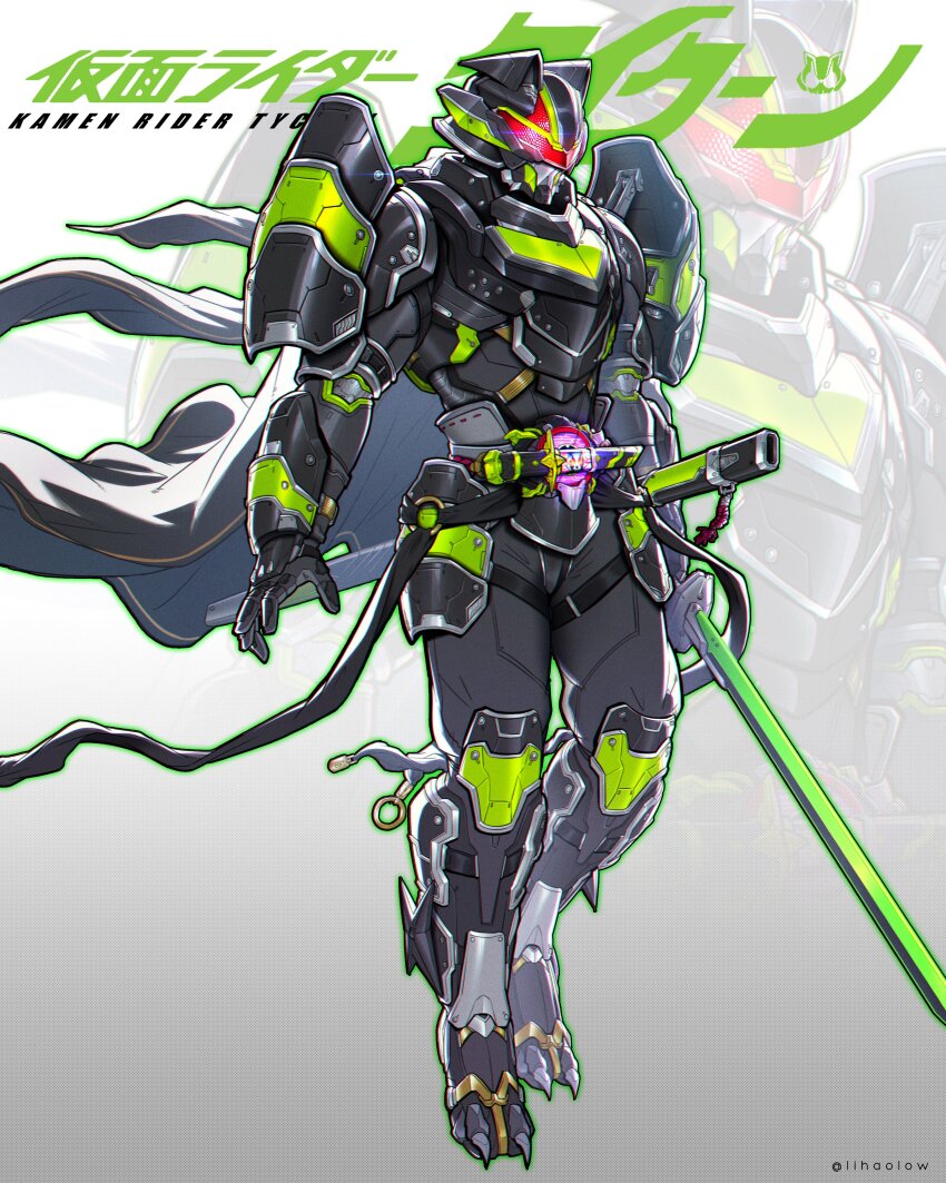 1boy absurdres armor black_armor black_helmet bujin_(geats) bujinsword_buckle character_name desire_driver full_body gradient_background grey_background helmet highres holding holding_sword holding_weapon kamen_rider kamen_rider_geats_(series) kamen_rider_tycoon kamen_rider_tycoon_bujinsword katana lihaolow male_focus power_armor red_eyes rider_belt sheath sword tokusatsu weapon white_background zoom_layer