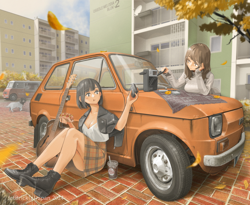 2024 2girls apartment artist_name autumn black_hair black_jacket bob_cut breasts brick_floor brown_hair building car cassette_player cassette_tape cleavage cloud cloudy_sky commentary_request cup day disposable_cup dog drinking_straw eating fiat fiat_126 food food_truck guitar highres holding holding_cassette holding_food hot_dog instrument jacket jettoburikku knees_up leaf license_plate motor_vehicle multiple_girls open_clothes open_jacket orange_car orange_skirt original outdoors plaid_clothes plaid_skirt poland shirt sitting skirt sky sweater tree van vehicle_focus watermark white_shirt white_sweater