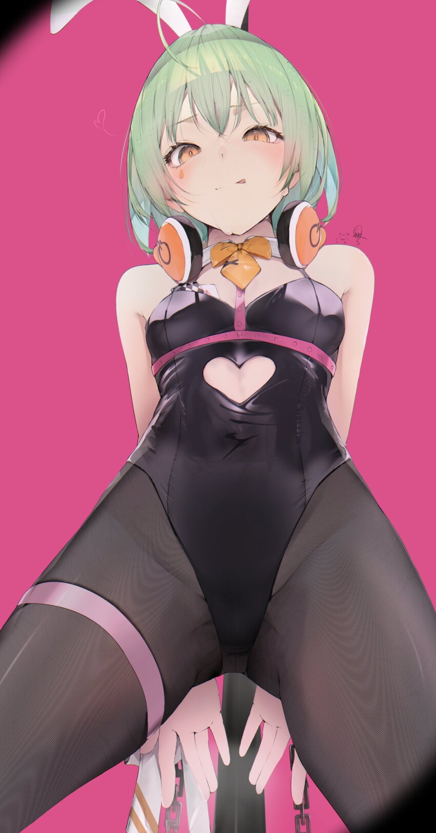 1girl :q absurdres ahoge animal_ears arms_behind_back bare_shoulders black_leotard black_pantyhose bow bowtie breasts card chain chest_harness chunithm clothing_cutout detached_collar fake_animal_ears from_below gluteal_fold green_hair harness headphones heart_cutout highres kisaragi_yaya leotard looking_at_viewer orange_bow orange_bowtie orange_eyes pantyhose pink_background playboy_bunny playing_card rabbit_ears rabbit_hole_(vocaloid) restrained short_hair signature sky_feather_(chunithm) small_breasts solo thigh_strap tongue tongue_out