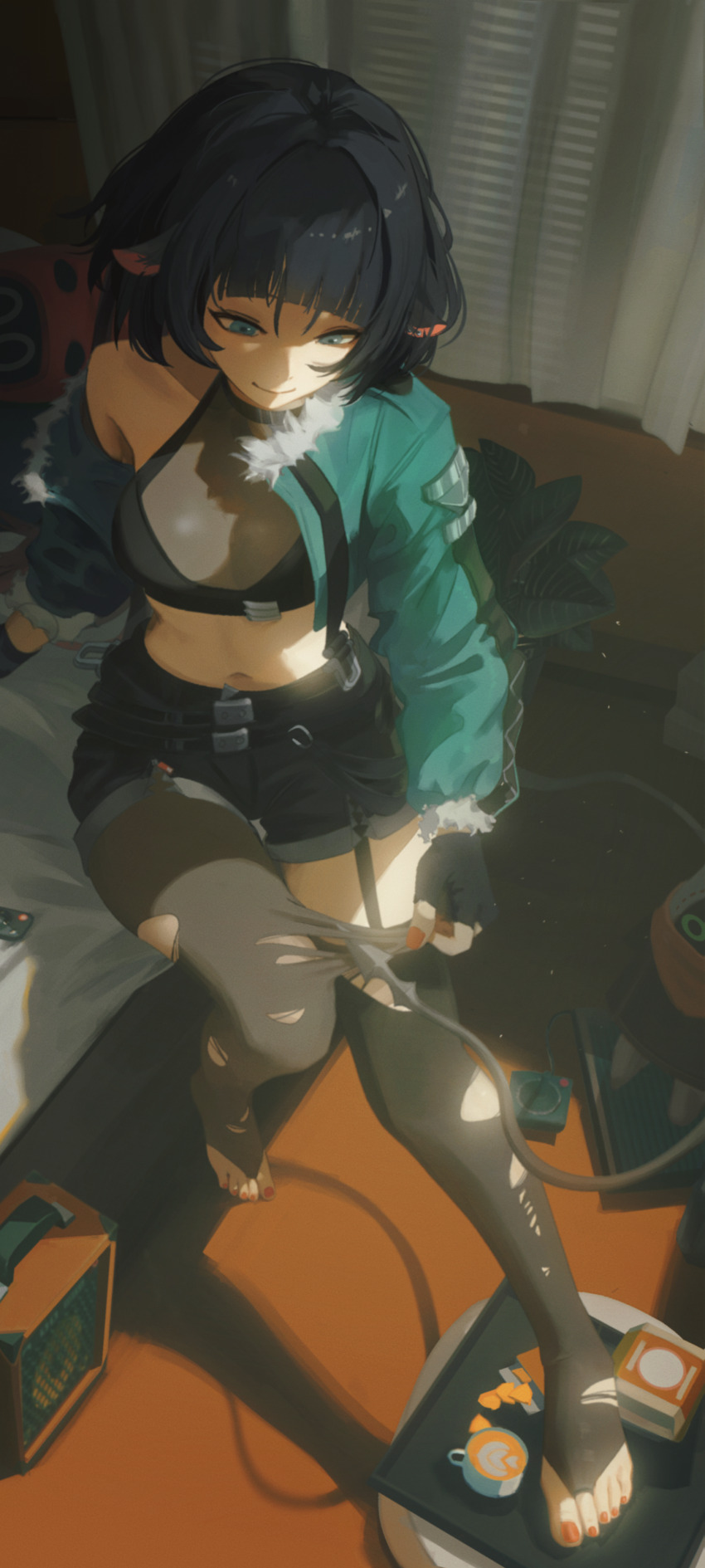 1girl absurdres animal_ears black_hair black_shorts black_thighhighs bridal_legwear crop_top curtains eous_(zenless_zone_zero) fingerless_gloves full_body garter_straps gloves green_jacket highres jacket jane_doe_(zenless_zone_zero) long_sleeves midriff mouse_ears nail_polish no_shoes open_clothes open_jacket shorts sitting solo thighhighs toenail_polish toenails yao_liao_wang zenless_zone_zero