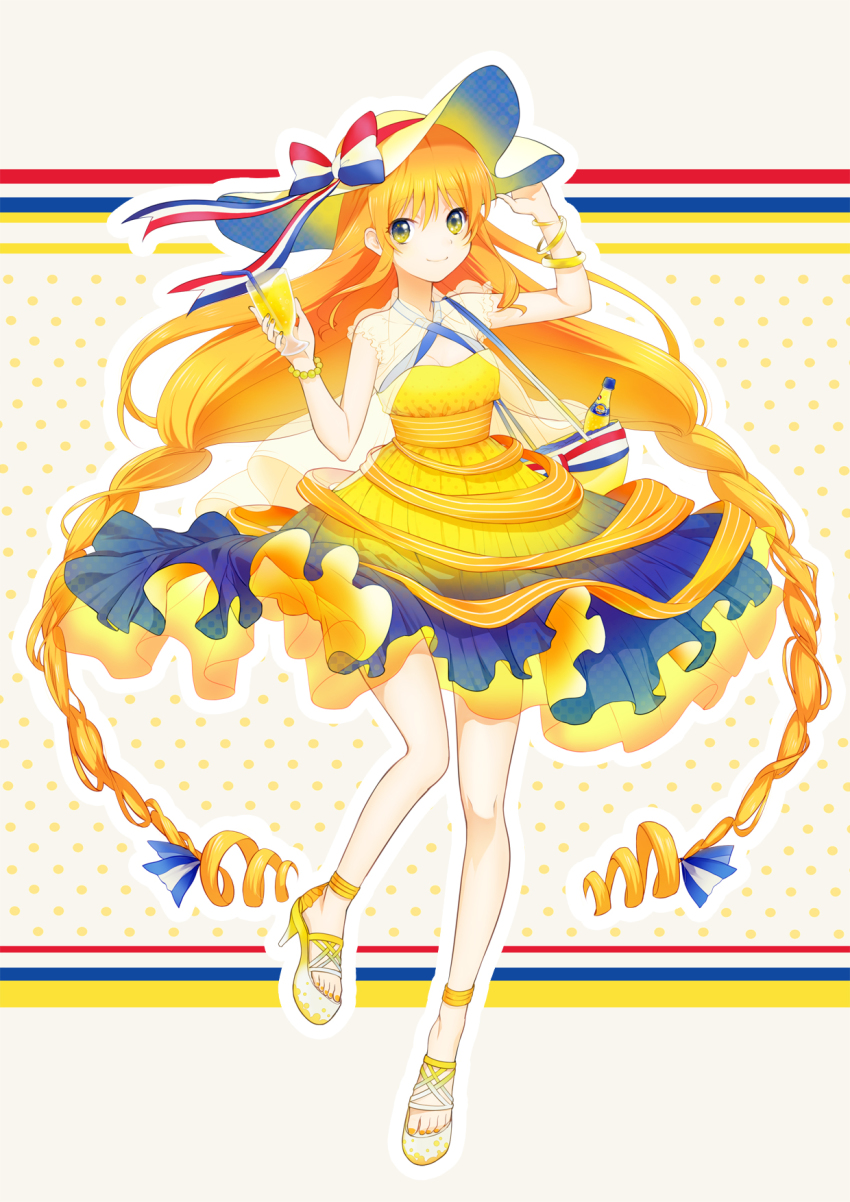 1girl bottle bracelet dress female_focus hand_on_headwear hat high_heel_sandals high_heels highres jewelry long_hair looking_at_viewer orange_hair orangina original platform platform_footwear platform_heels ribbon saku_(pixiv526117) sandals see-through_clothes shoes smile solo very_long_hair yellow_eyes