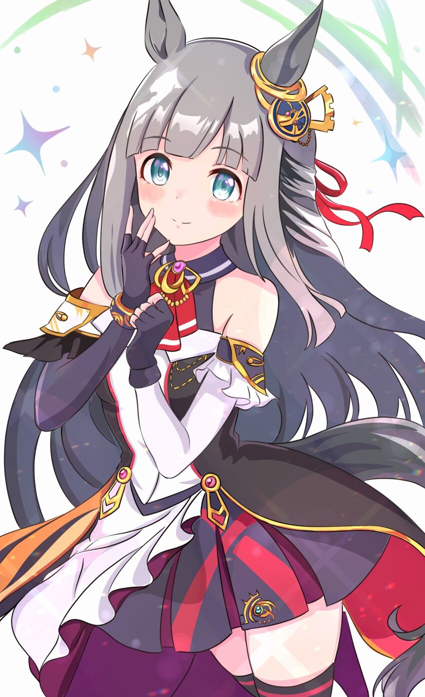 animal_ears blue_eyes blunt_bangs blush chrono_genesis_(umamusume) detached_sleeves fingerless_gloves gloves grey_hair hair_between_eyes hair_ornament highres horse_ears horse_girl horse_tail kanon_(user_rrhr4244) long_hair looking_at_viewer simple_background smile tail thighhighs umamusume white_background