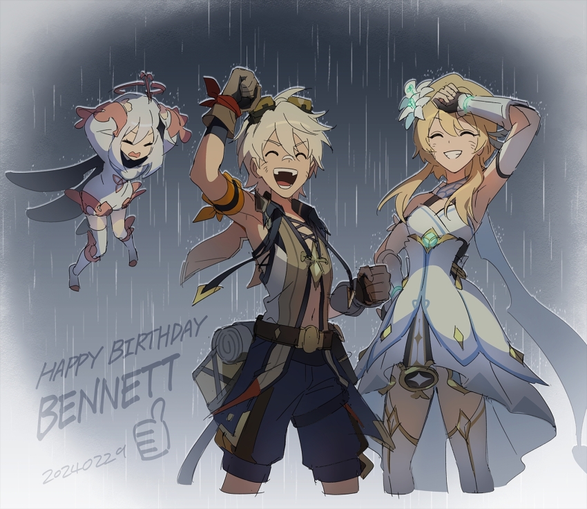 1boy 2girls angduuuu_(ghost) belt bennett_(genshin_impact) blonde_hair character_name clenched_hands closed_eyes cropped_legs dated detached_sleeves dress english_text genshin_impact gloves goggles goggles_on_head grin hair_ornament halo happy_birthday highres multiple_girls open_mouth outdoors paimon_(genshin_impact) rain shorts sleeveless smile thighhighs white_dress white_hair