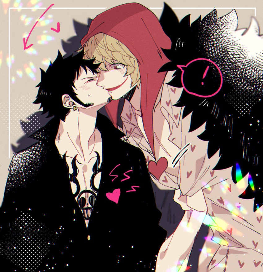 ! 2boys arrow_(symbol) black_coat black_hair black_shirt blonde_hair blush chest_tattoo closed_eyes clothes_grab coat coat_on_shoulders collarbone collared_shirt commentary_request donquixote_rocinante earrings facial_hair feather_coat goatee gold_earrings grey_background heart heart_print highres hood jewelry kiss lens_flare light_particles male_focus multiple_boys nagisawa_(ngsw_coconut) one_piece pectoral_cleavage pectorals pink_shirt print_shirt red_eyes red_hood red_lips shirt shirt_grab short_hair sideburns speech_bubble spoken_exclamation_mark sweatdrop tattoo trafalgar_law yaoi