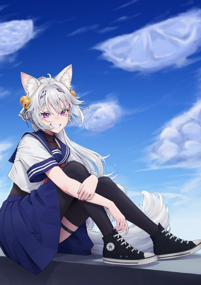 absurdres ahoge animal_ear_fluff animal_ears bell black_bodysuit black_shoes black_thighhighs blue_skirt blue_sky bodysuit filian_(vtuber) fox_ears fox_girl fox_tail from_side full_body grin haedgie highres indie_virtual_youtuber lace-up light_blush looking_at_viewer outdoors pleated_skirt purple_eyes school_uniform serafuku shoes sitting skirt sky smile sneakers tail thigh_strap thighhighs variant_set virtual_youtuber white_hair