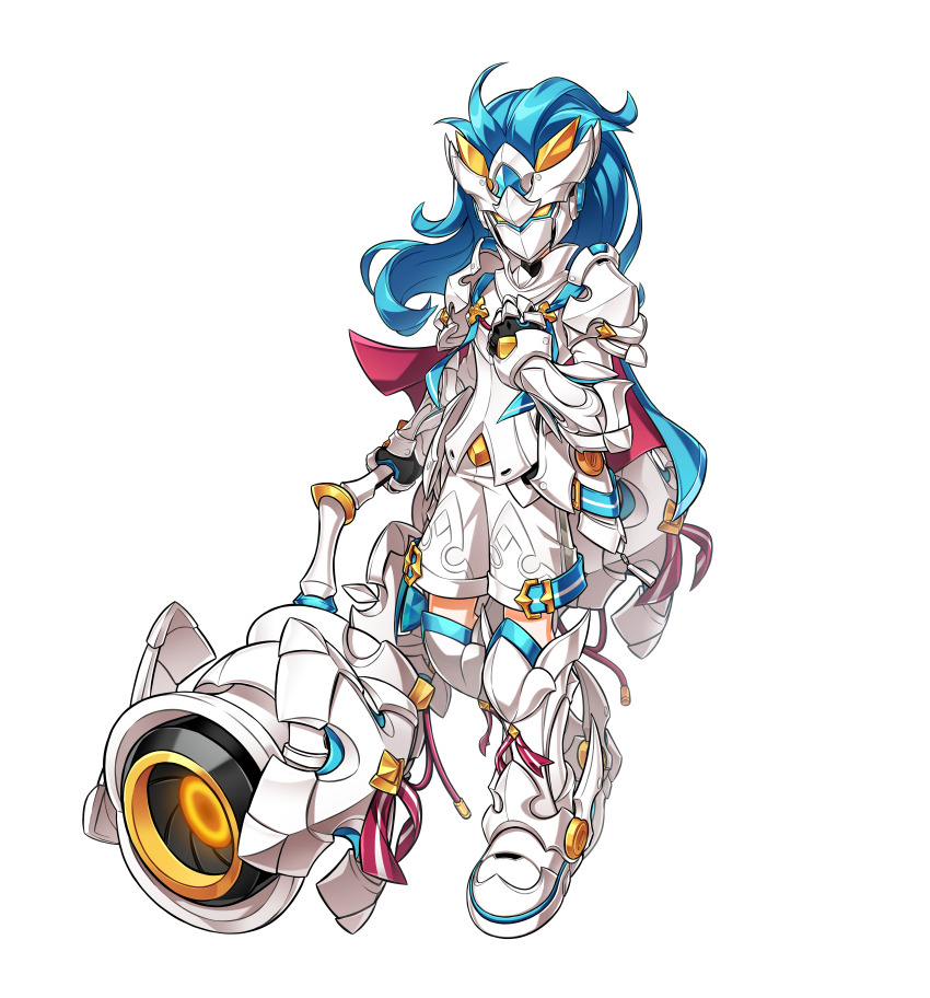 1boy absurdres ahoge aqua_eyes armor armored_boots black_gloves blue_cape blue_hair blunt_bangs boots bracer cape chung_seiker closed_mouth crossed_ankles elsword full_body game_cg gloves hand_on_own_chest happy helm helmet highres holding_cannon huge_weapon long_hair looking_at_viewer loose_hair_strand official_art pauldrons pink_cape ress second-party_source shirt shorts shoulder_armor smile solo standing tachi-e tareme thigh_boots transparent_background two-sided_cape two-sided_fabric weapon white_boots white_shirt white_shorts