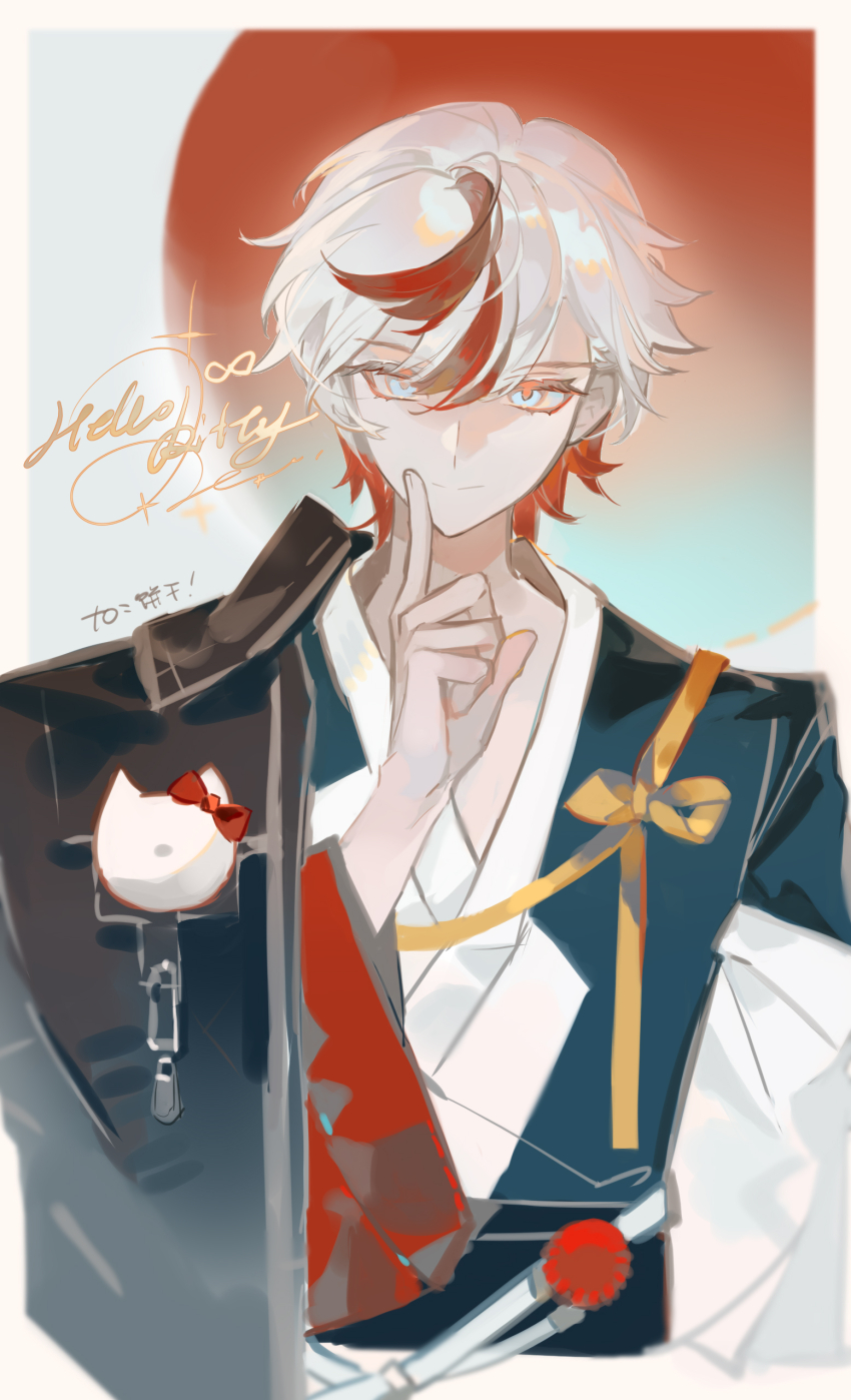 1boy absurdres bishounen blue_eyes capelet english_text finger_to_mouth hair_between_eyes highres index_finger_raised japanese_clothes jewelry kimono liulianjingrua long_sleeves looking_at_viewer male_focus multicolored_hair original red_hair ribbon short_hair smile solo streaked_hair upper_body virtual_youtuber wide_sleeves