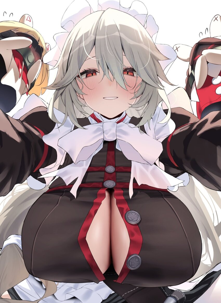 1girl alexandrina_sebastiane anastella_(zenless_zone_zero) bangboo_(zenless_zone_zero) black_dress blush breasts cleavage commentary_request covering_own_eyes dress drusilla_(zenless_zone_zero) flying_sweatdrops grey_hair hair_between_eyes hair_ribbon highres huge_breasts long_hair long_sleeves looking_at_viewer low-tied_long_hair maid maid_headdress nidaime_(doronbo) pov red_eyes ribbon simple_background straddling upper_body very_long_hair white_background white_ribbon zenless_zone_zero