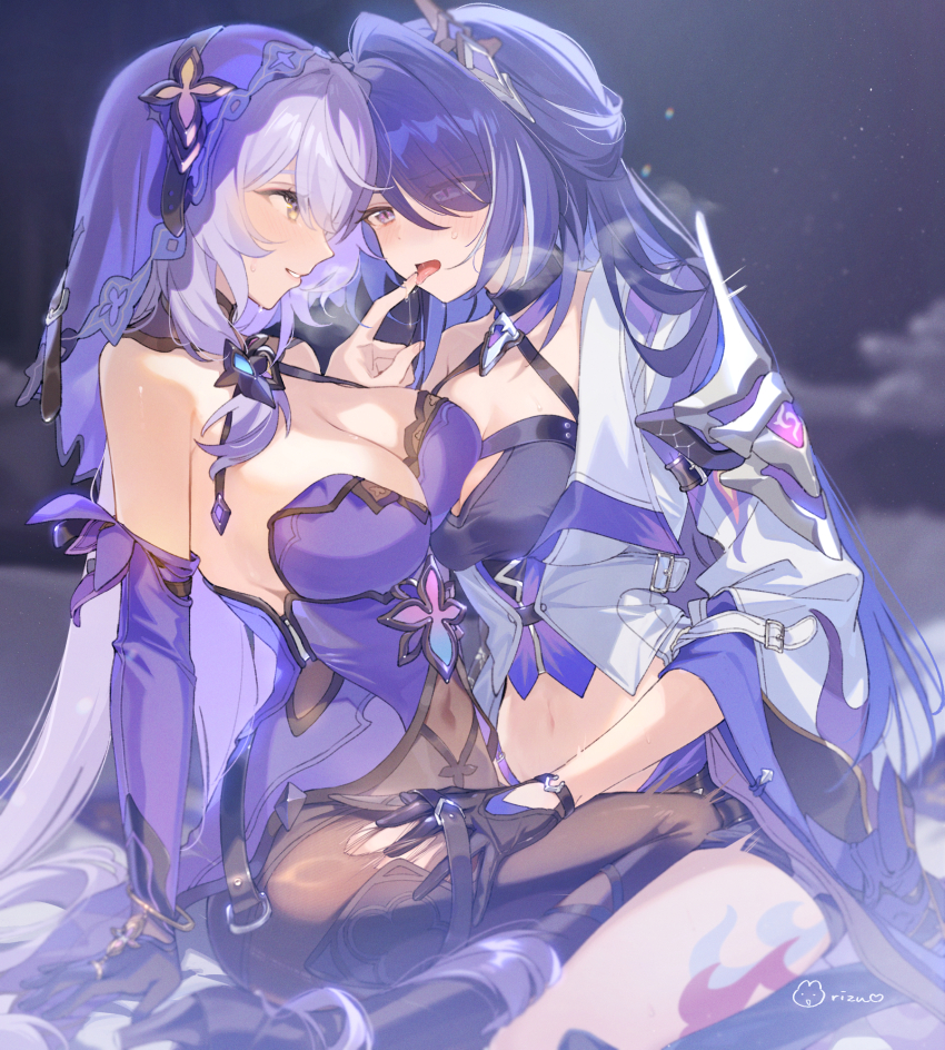 2girls acheron_(honkai:_star_rail) asymmetrical_docking black_choker black_gloves black_shorts black_swan_(honkai:_star_rail) blush breast_press breasts choker cleavage commentary_request dress gloves hair_over_one_eye hair_spread_out halterneck hand_on_another&#039;s_thigh highres honkai:_star_rail honkai_(series) large_breasts licking_another&#039;s_finger long_hair midriff multicolored_hair multiple_girls navel purple_dress purple_eyes purple_hair rizu033 shorts signature sitting sitting_on_lap sitting_on_person streaked_hair tongue tongue_out very_long_hair yellow_eyes yuri