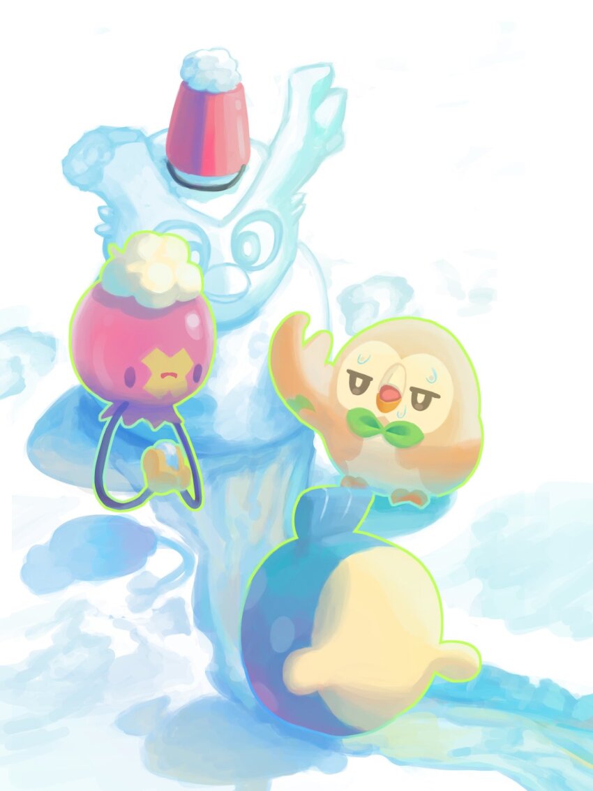 bright_pupils brown_eyes bucket commentary_request day delibird drifloon floating gen_2_pokemon gen_3_pokemon gen_4_pokemon gen_7_pokemon highres mokukitusui nintendo no_humans outdoors outline pokemon pokemon_(creature) rolling rowlet snow snow_sculpture spheal standing sweat
