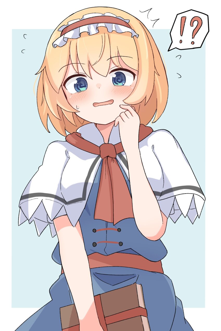 !? 1girl @_@ absurdres alice_margatroid blonde_hair blue_background blue_dress blue_eyes blush book border capelet commentary_request cowboy_shot dress flustered frilled_hairband frills hairband hand_on_own_cheek hand_on_own_face haya_s2 highres holding holding_book looking_at_viewer neckerchief open_mouth red_hairband red_neckerchief red_sash sash short_hair solo sweatdrop touhou wavy_mouth white_border white_capelet