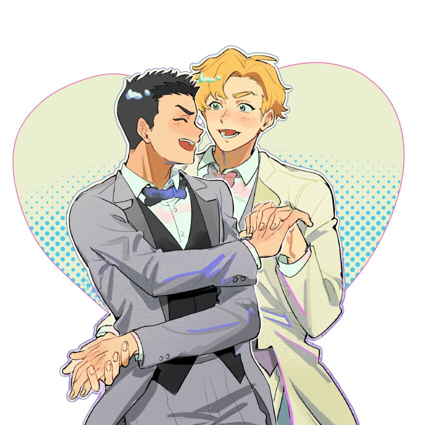 2boys ao_isami arm_up black_hair black_vest blonde_hair blue_bow blue_bowtie blue_eyes blush bow bowtie buttoned_cuffs buttons closed_eyes collared_shirt couple cowboy_shot dress_shirt feyoo14 formal_clothes grey_jacket grey_pants grey_suit grey_vest halftone heart highres holding_hands jacket layered_sleeves lewis_smith long_sleeves looking_at_another lower_teeth_only male_focus multiple_boys open_clothes open_jacket open_mouth pants pink_bow pink_bowtie shirt short_hair simple_background standing suit suit_jacket swept_bangs teeth thick_eyebrows upper_body upper_teeth_only very_short_hair vest white_background white_shirt wing_collar yaoi yellow_jacket yellow_pants yellow_suit yuuki_bakuhatsu_bang_bravern