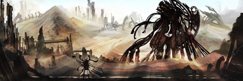 1girl absurdres from_behind giant_skeleton highres holding holding_weapon monster original riz_kira ruins sand scenery standing very_wide_shot weapon